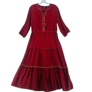 Mille Gabrielle Red Studded Tassel Tiered Midi Dress L